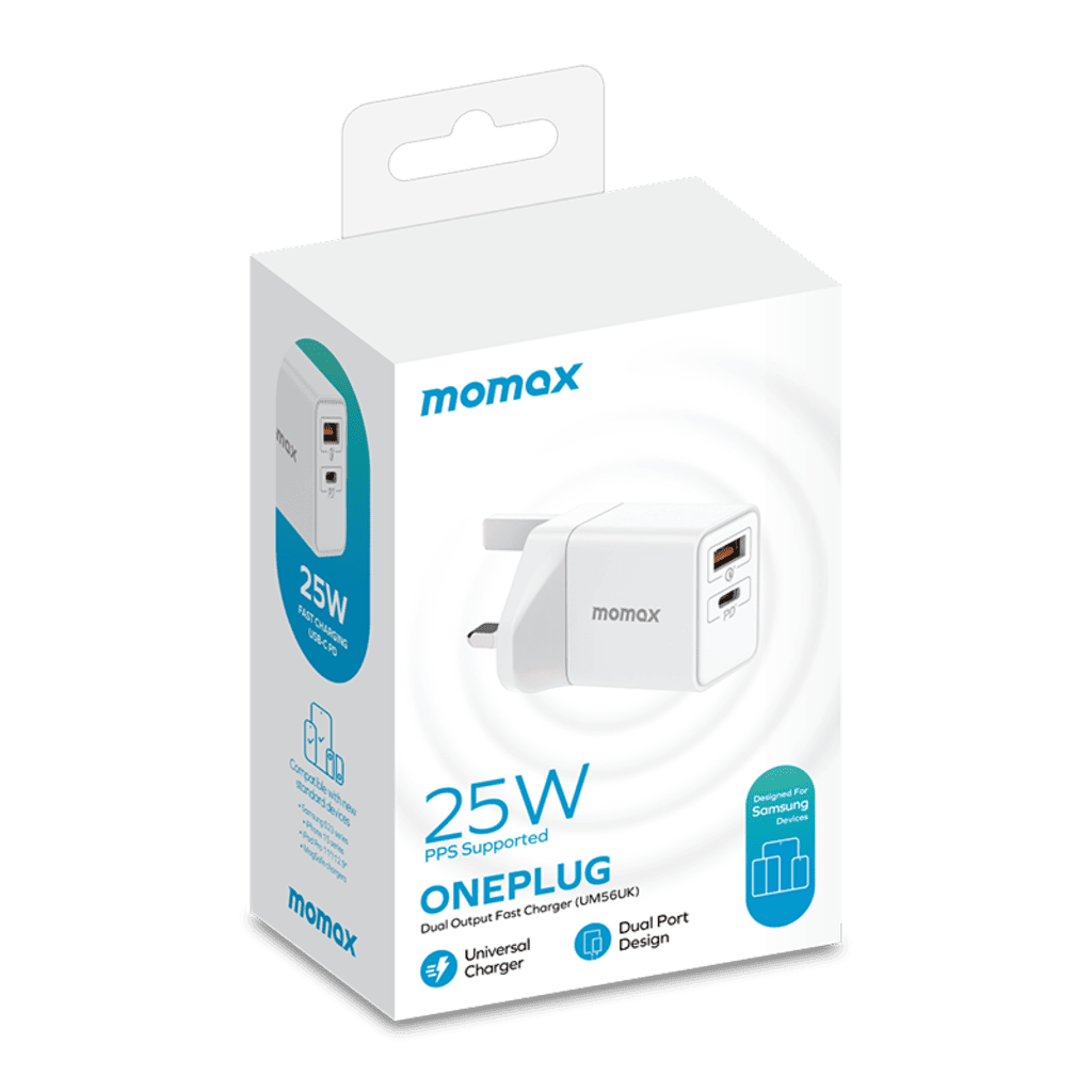 Momax Oneplug 25W charger packaging on a white background