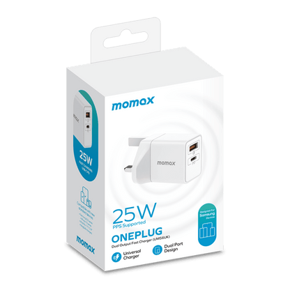 Momax Oneplug 25W charger packaging on a white background