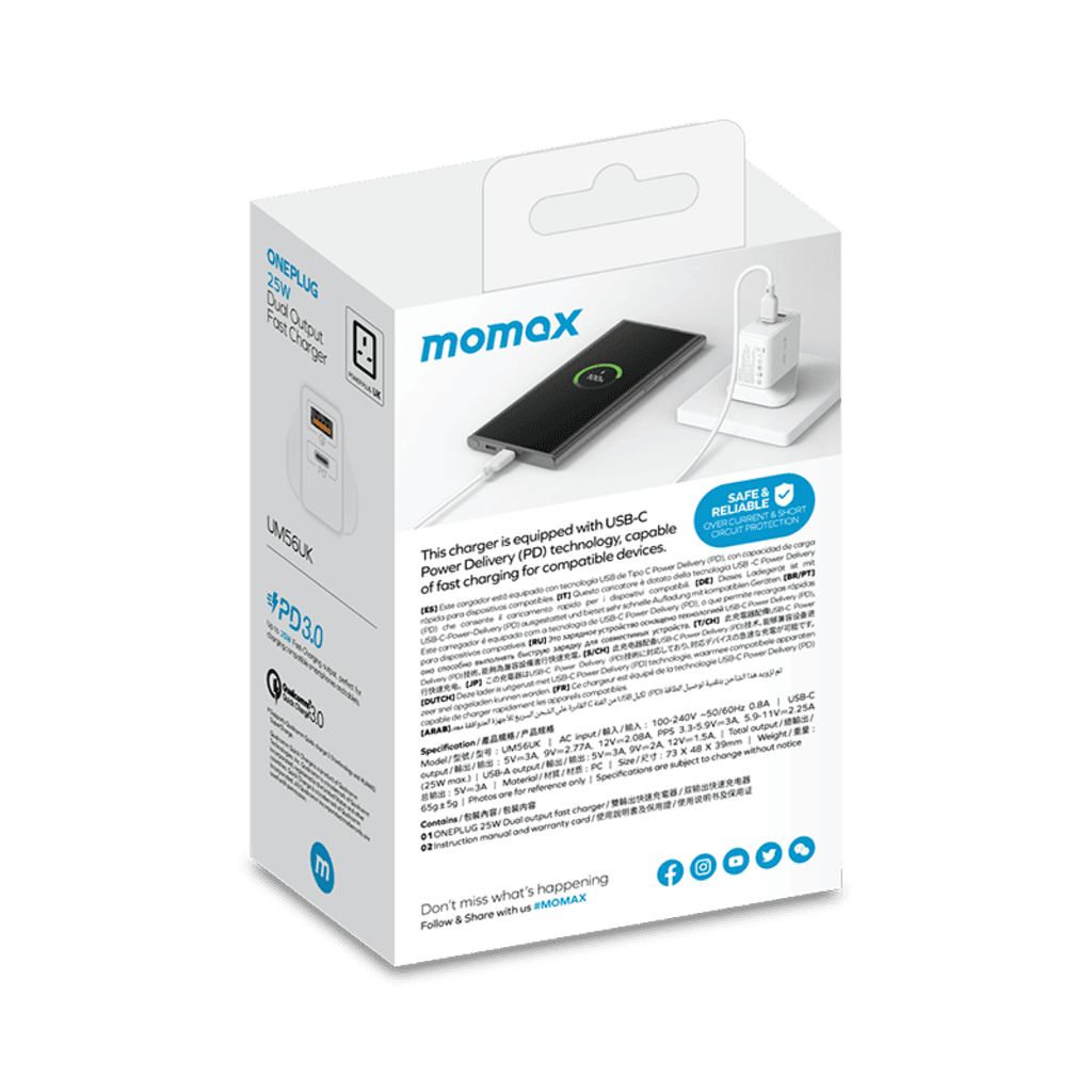 Momax charger packaging on a green background