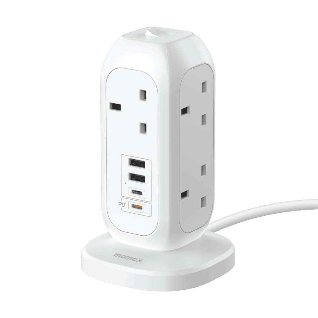 White power strip with multiple outlets and USB ports on a black background