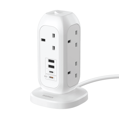 White power strip with multiple outlets and USB ports on a black background