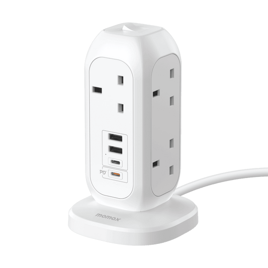 White power strip with multiple outlets and USB ports on a black background