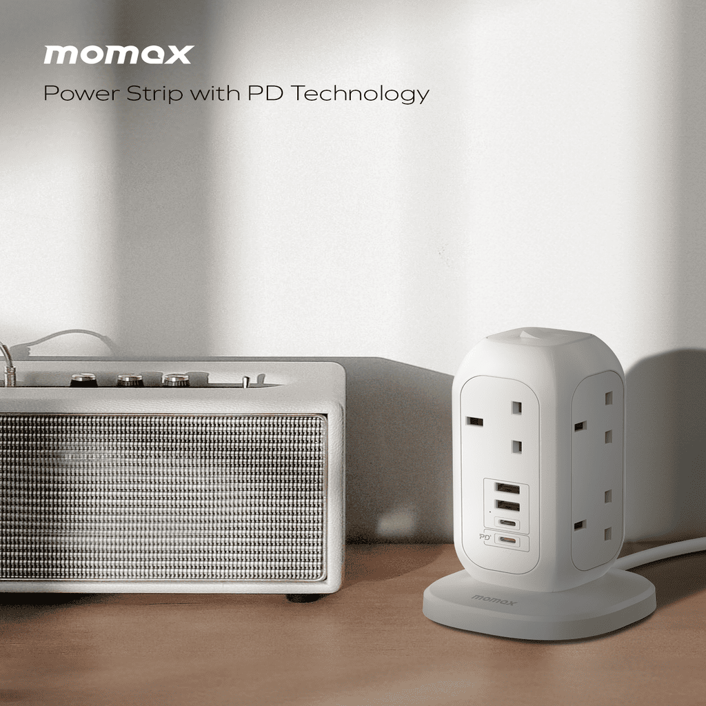 Momax power strip with PD technology on a wooden surface with a neutral background