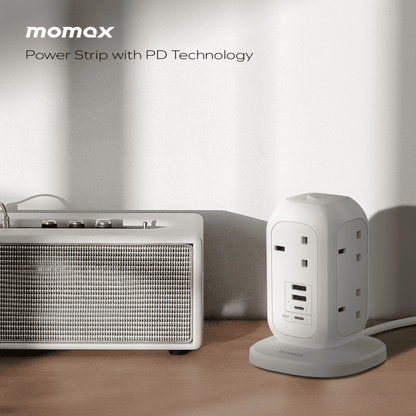 Momax power strip with PD technology on a wooden surface with a neutral background