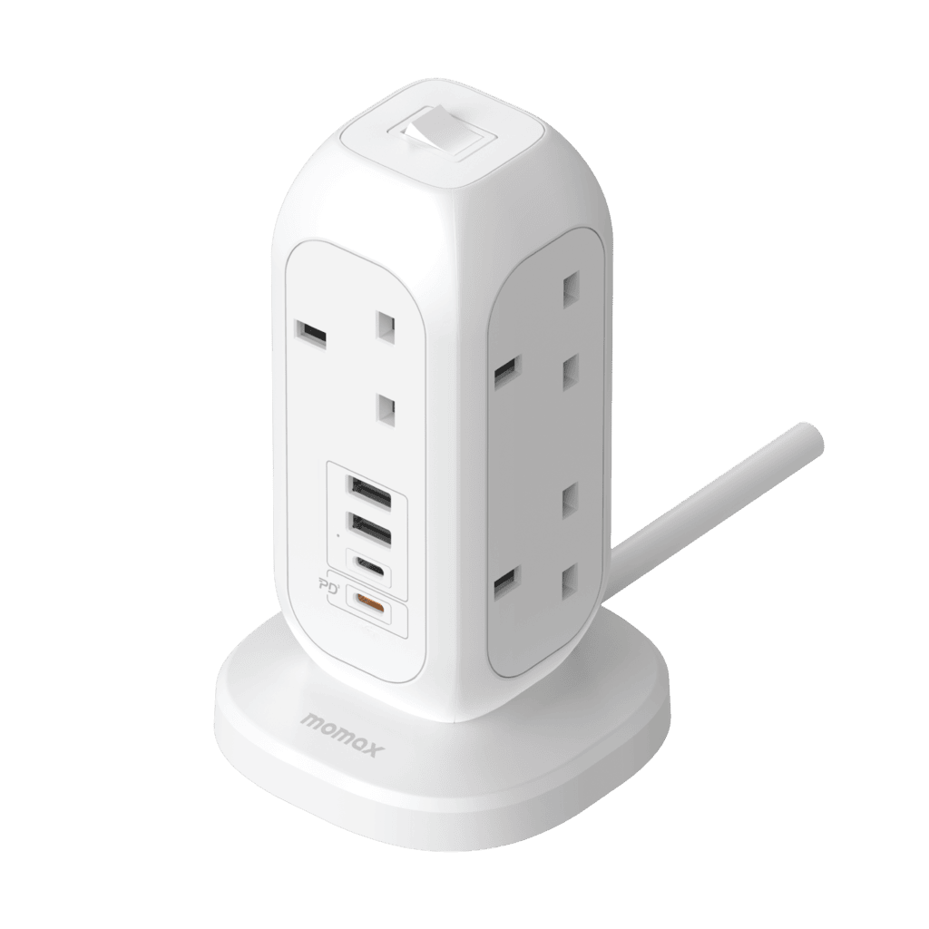 White power strip with multiple outlets and USB ports on a green background