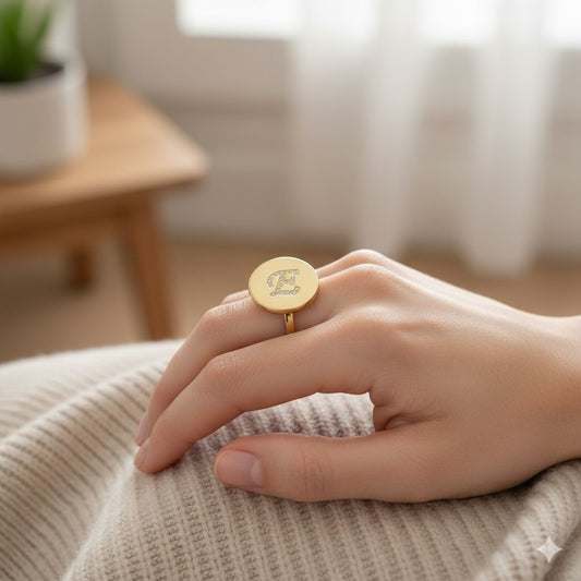 Engraved Initial Round Zirconia Letter Ring