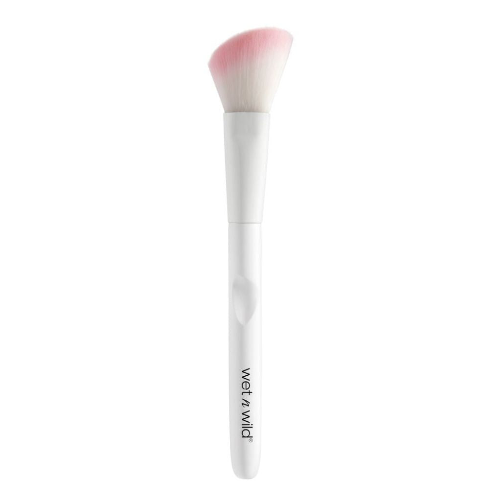 Makeup brush with pink bristle tip on a white background, featuring 'wet n wild' branding.