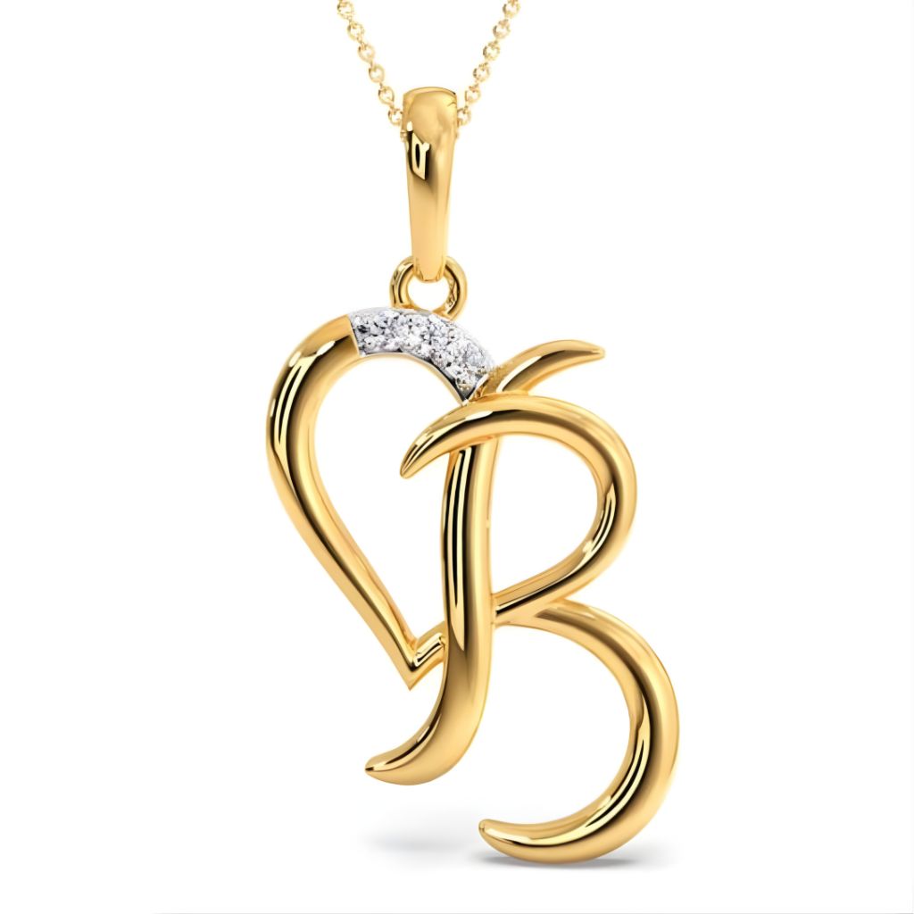 Gold 'B' shaped pendant with heart design and small diamonds on a white background