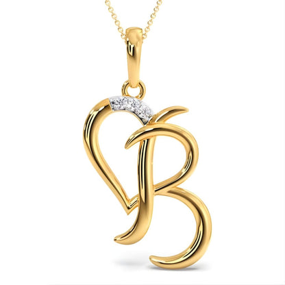Gold 'B' shaped pendant with heart design and small diamonds on a white background