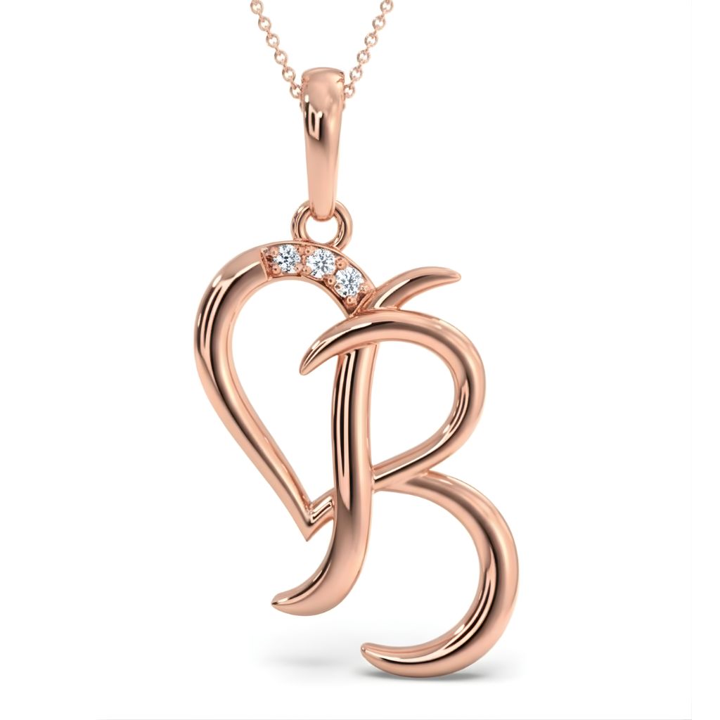 Rose gold necklace with a heart-shaped 'B' pendant on a white background