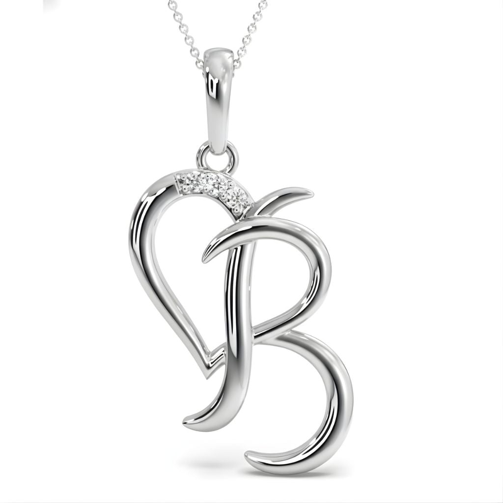 Silver necklace with a heart-shaped pendant on a white background