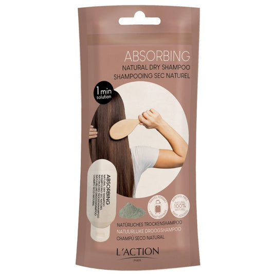 Absorbing natural dry shampoo packaging with a person using it on a white background