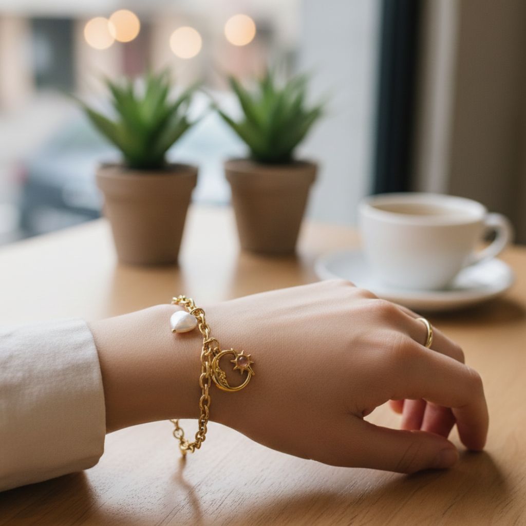 Hand wearing a gold bracelet with a pearl charm on a blurred cafe background