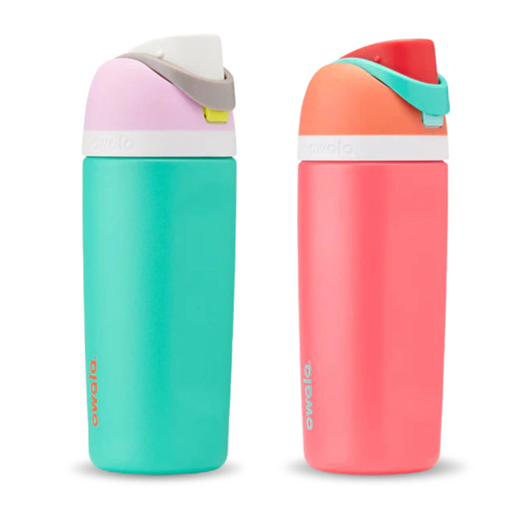 Two colorful water bottles with lids on a white background