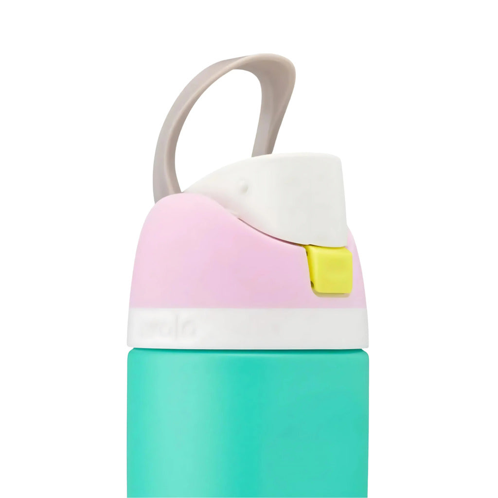 Colorful water bottle with a pink cap and green body on a white background