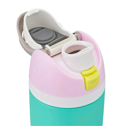 Colorful children's cup with a straw on a white background