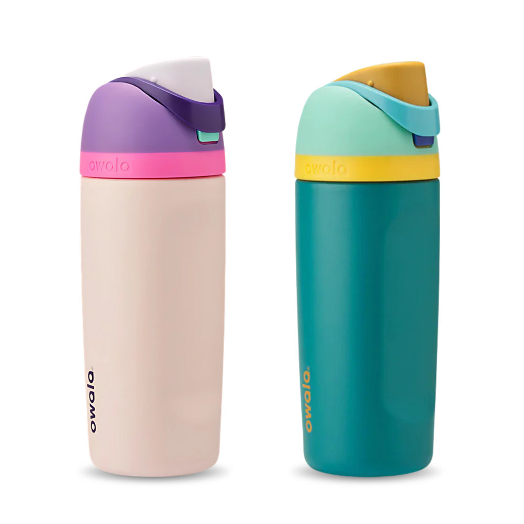 Two colorful water bottles with purple, pink, and teal top on a white background