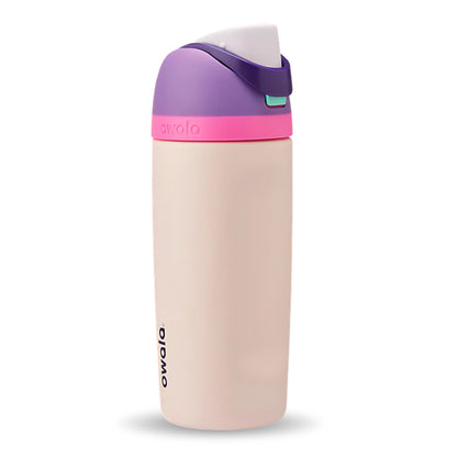 Pink and purple water bottle with 'owala' branding on a white background