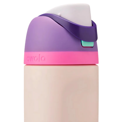 Bottle with purple and pink lid on a white background
