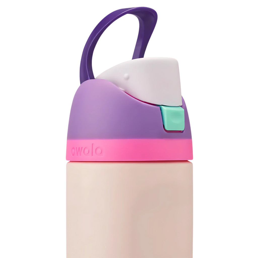 Colorful water bottle with a purple handle and cap on a white background