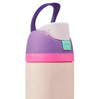 Colorful water bottle with a purple handle and cap on a white background