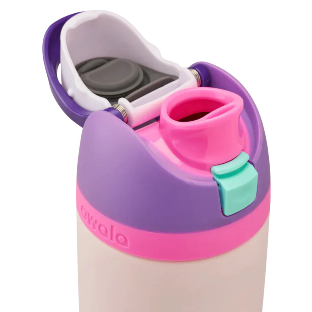 Children's water bottle with purple and pink design on a white background