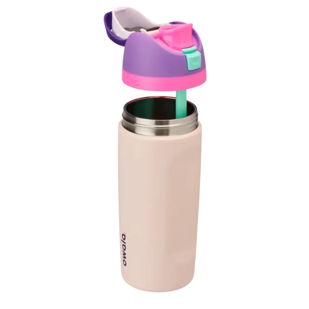 Beige water bottle with a colorful lid on a white background