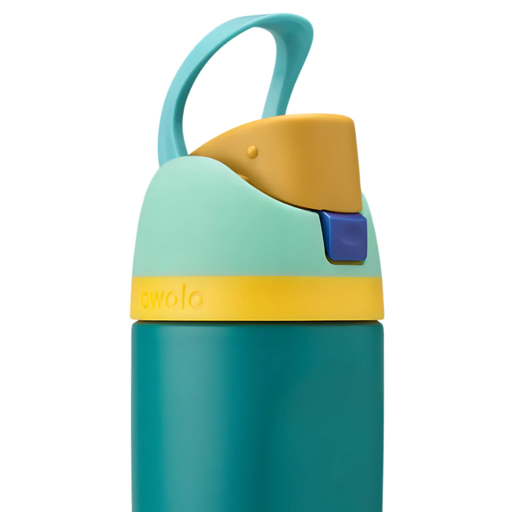 Children's water bottle with a blue and yellow design on a white background