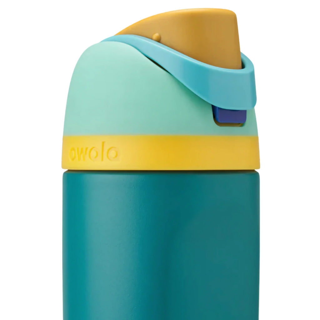 Colorful water bottle with a blue and yellow lid on a white background