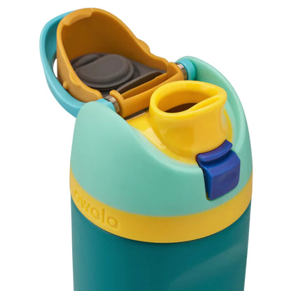 Colorful water bottle with a blue and yellow design on a white background