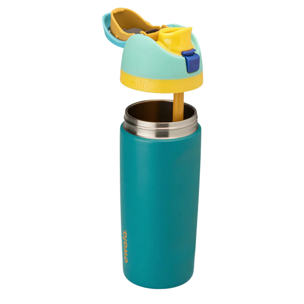 Teal thermos with a yellow lid on a white background