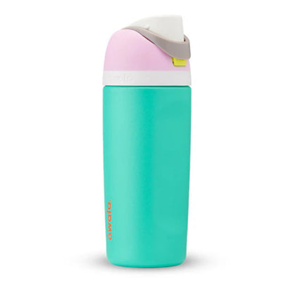 Turquoise water bottle with pink and gray lid on a white background