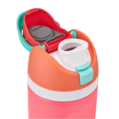 Colorful water bottle with a unique design on a white background