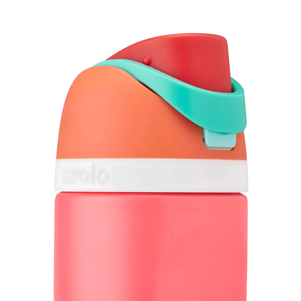 Colorful water bottle with a white brand logo on a white background
