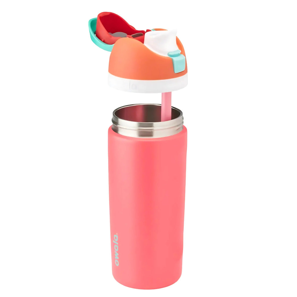 Pink water bottle with colorful lid on a white background