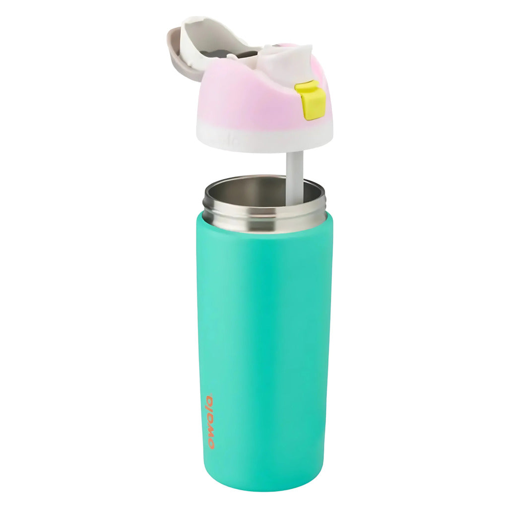 Turquoise water bottle with pink and white lid on a white background