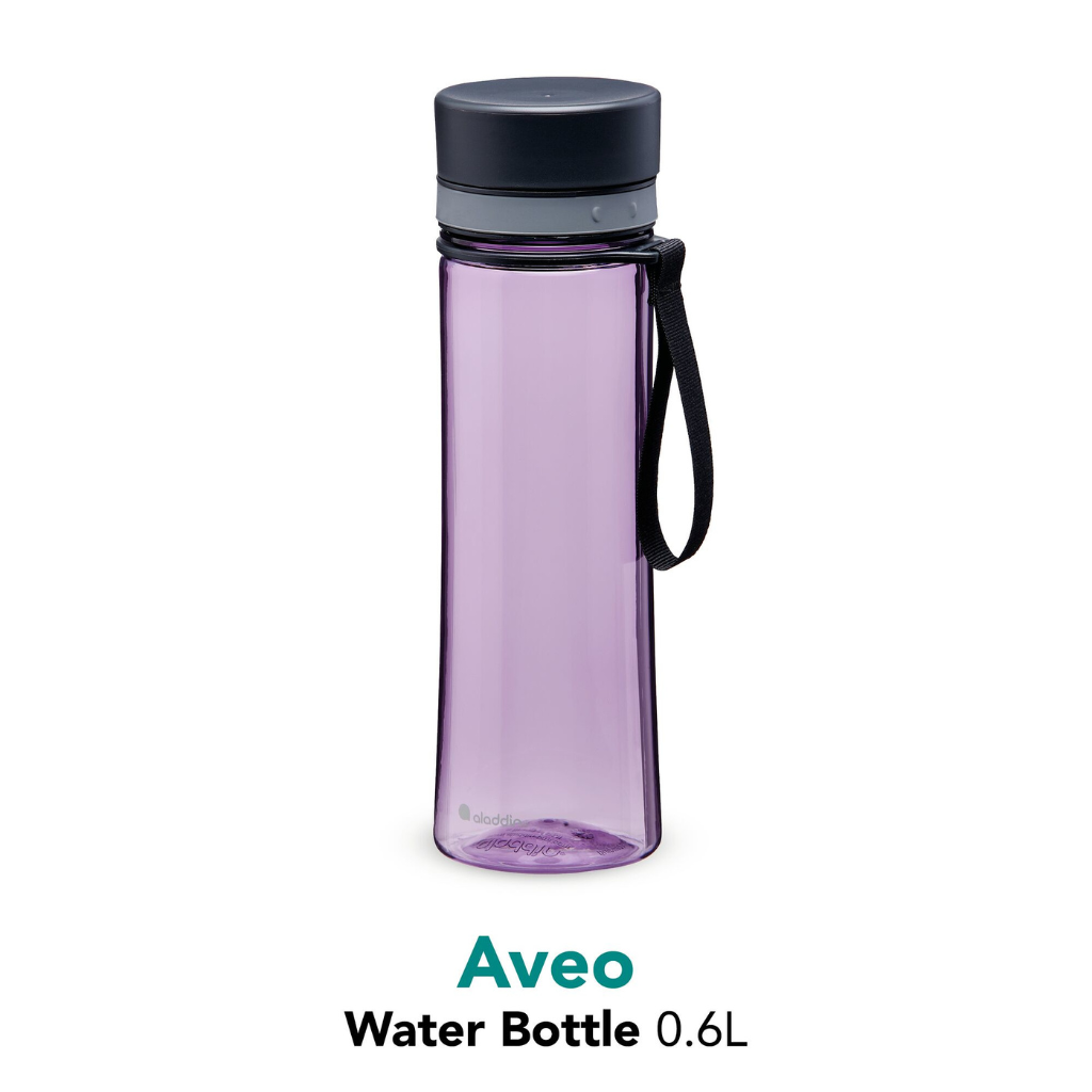 Purple water bottle with black lid and handle on a white background, featuring the Aveo brand.