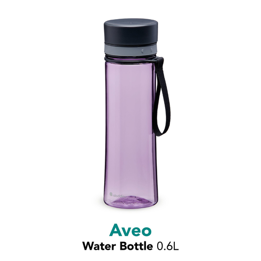 Purple water bottle with black lid and handle on a white background, featuring the Aveo brand.