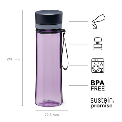 Purple water bottle with black cap and measurement details on a white background