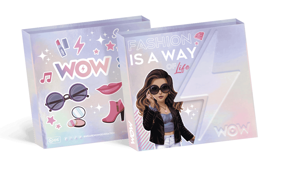 Two fashion-themed boxes with decorative elements and a character illustration on a green background.