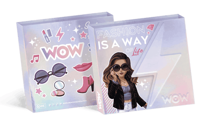 Two fashion-themed boxes with decorative elements and a character illustration on a green background.