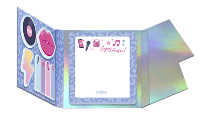 Colorful product packaging with music-themed graphics and text on a green background