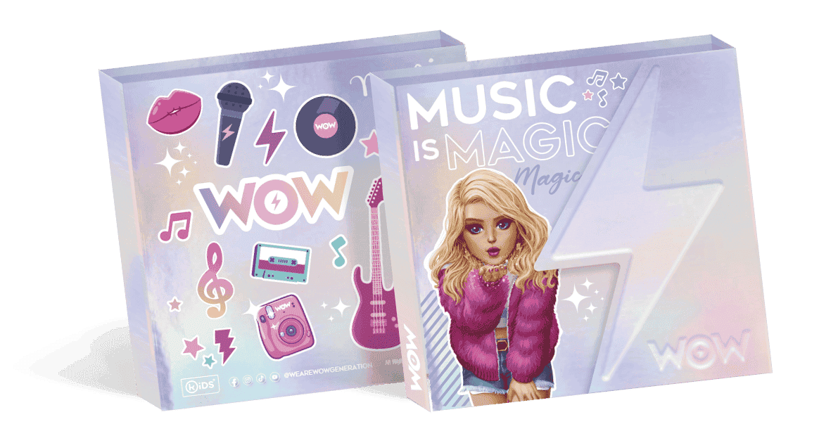 Two children's books titled 'Music is Magic' and 'WOW' on a green background