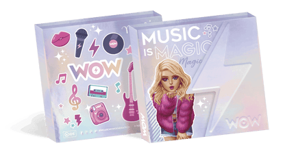 Two children's books titled 'Music is Magic' and 'WOW' on a green background