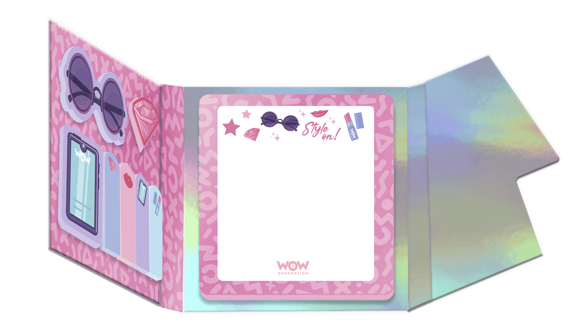 Colorful toy box with a pink interior and various toys on a green background