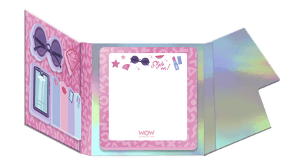 Colorful toy box with a pink interior and various toys on a green background