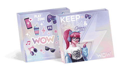 Two gaming-themed boxes with colorful designs and text on a green background