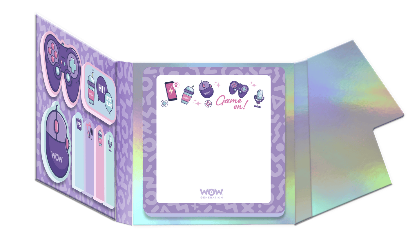 Purple and holographic product packaging with 'WOW' branding