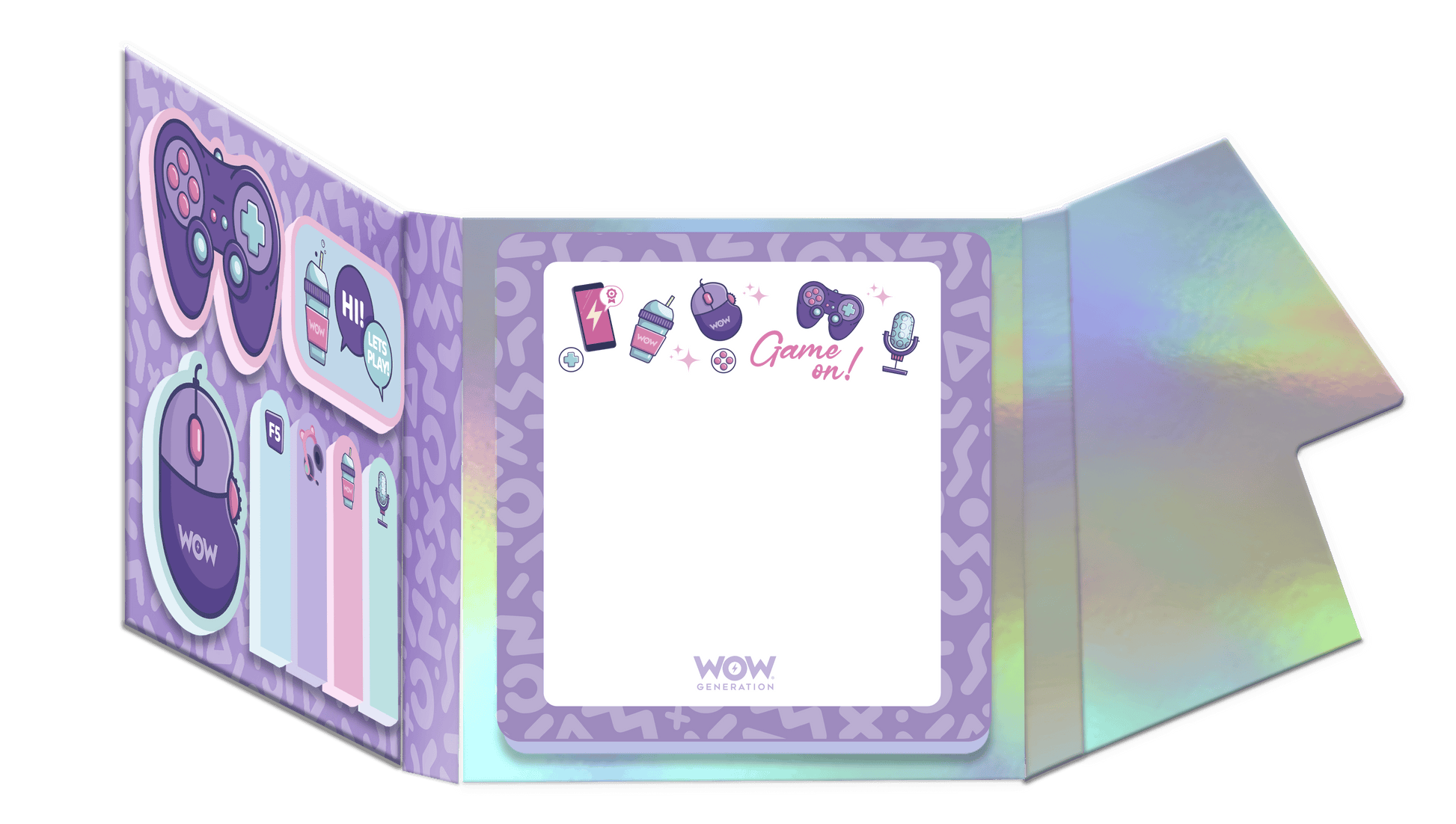 Purple and holographic product packaging with 'WOW' branding