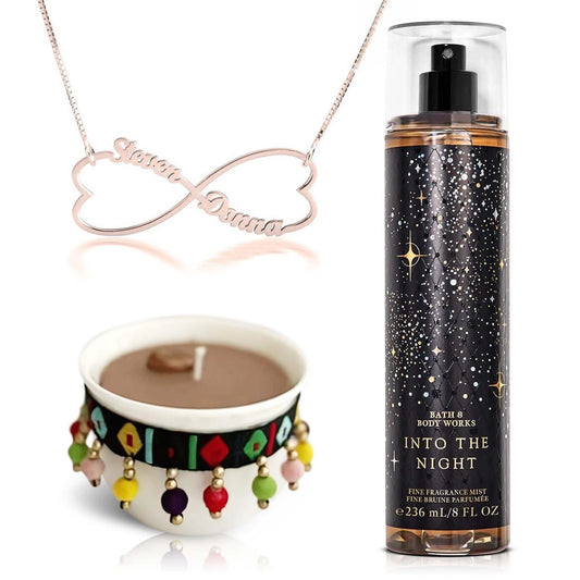 Timeless Glow Bundle Set | Heart Infinity Necklace - Into The Night Mist - Arabic Coffee Cup Candle